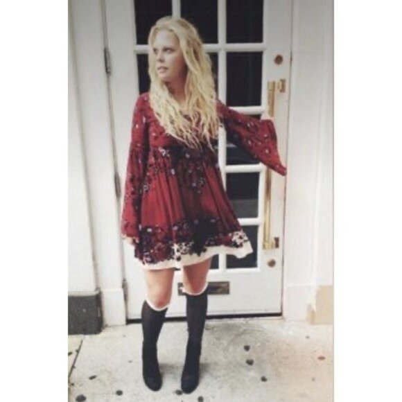 RARE Free People Floral Burgundy Bell Slv Mini Dress | Grunge Fairy Whimsigoth S - Picture 16 of 16